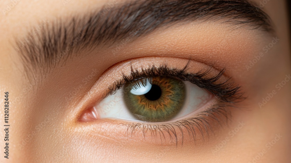 Fototapeta premium A warm hazel eye of a Mediterranean person, blending soft green and brown hues with natural patterns