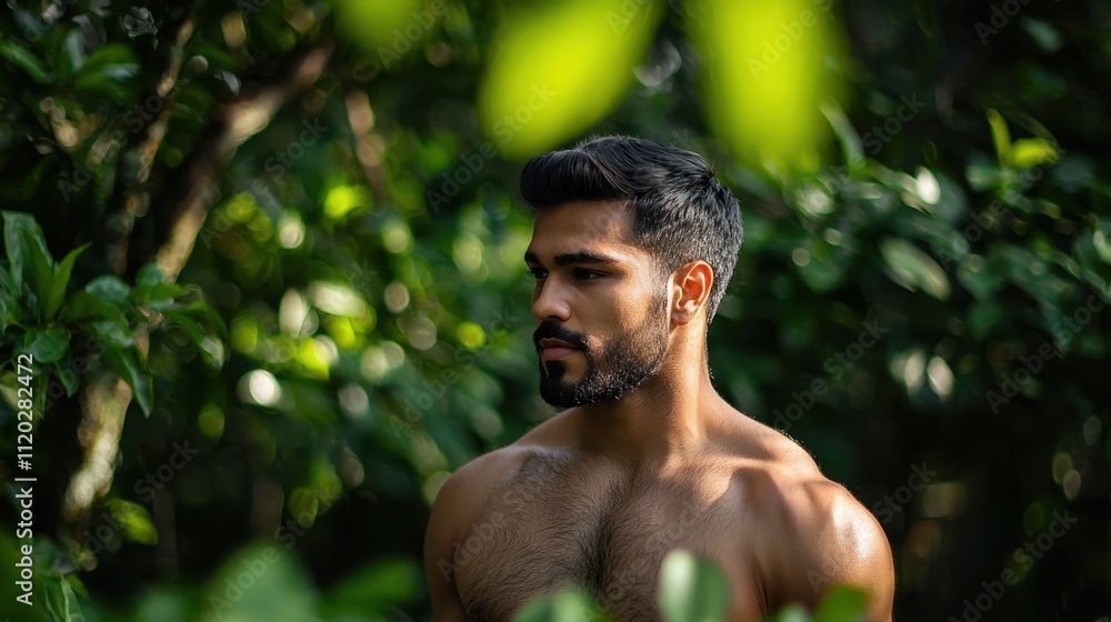 A man with a beard and a mustache stands in a forest A man with a beard and a mustache stands in a forest