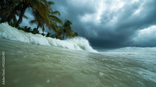 Dramatic tsunami wave hitting a tropical shore, bending palm trees in the strong wind beneath foreboding clouds photo