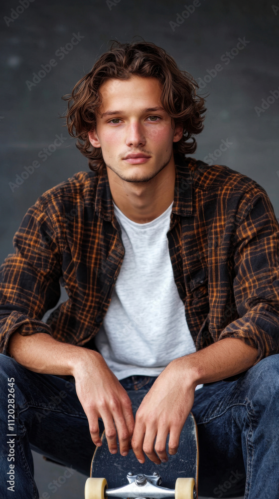 A man with long hair is sitting on a chair holding a skateboard A man with long hair is sitting on a chair holding a skateboard