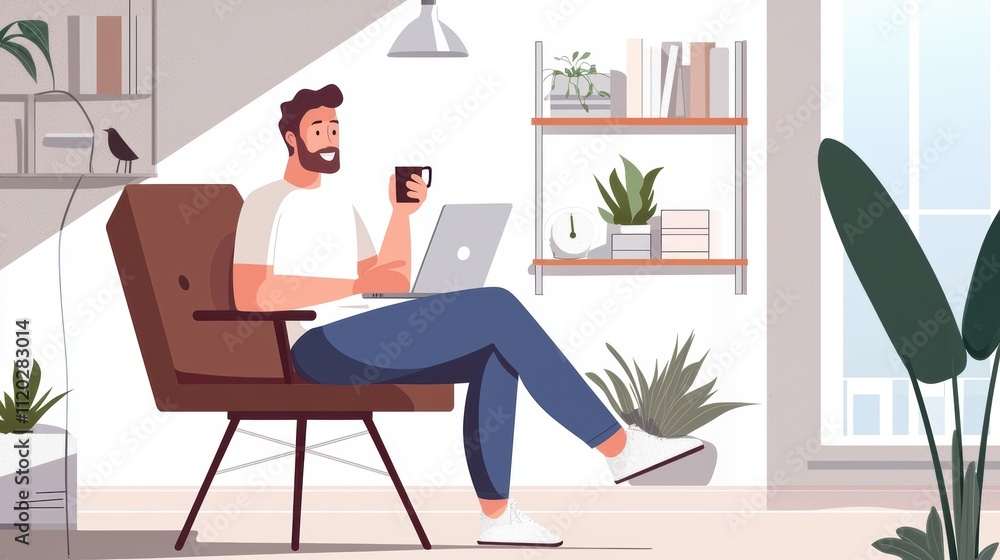 Remote worker sipping coffee in cozy home office with laptop work-from-home lifestyle concept Remote worker sipping coffee in cozy home office with laptop work-from-home lifestyle concept