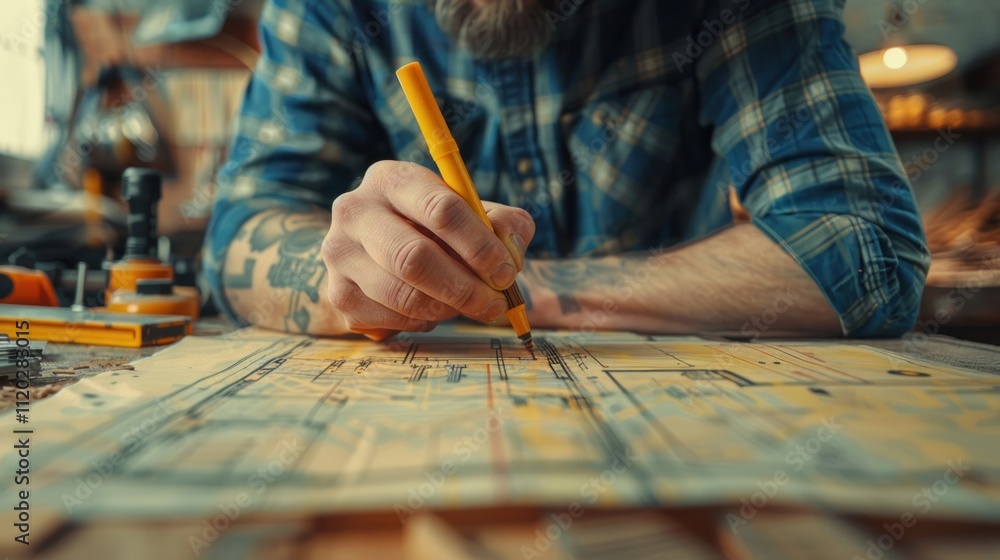 Close-up of a man's hands drawing plans on a blueprint in a woodworking workshop. Close-up of a man's hands drawing plans on a blueprint in a woodworking workshop.