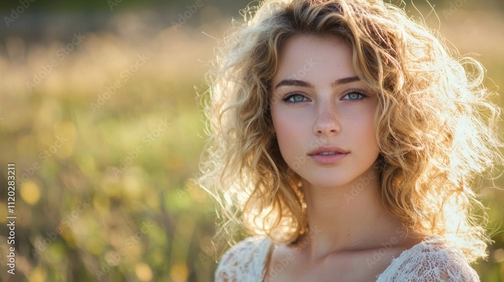 In a sun-drenched meadow, a young woman with lush, curly blonde hair gazes softly into the distance, embodying grace and natural beauty on a serene day In a sun-drenched meadow, a young woman with lush, curly blonde hair gazes softly into the distance, embodying grace and natural beauty on a serene day