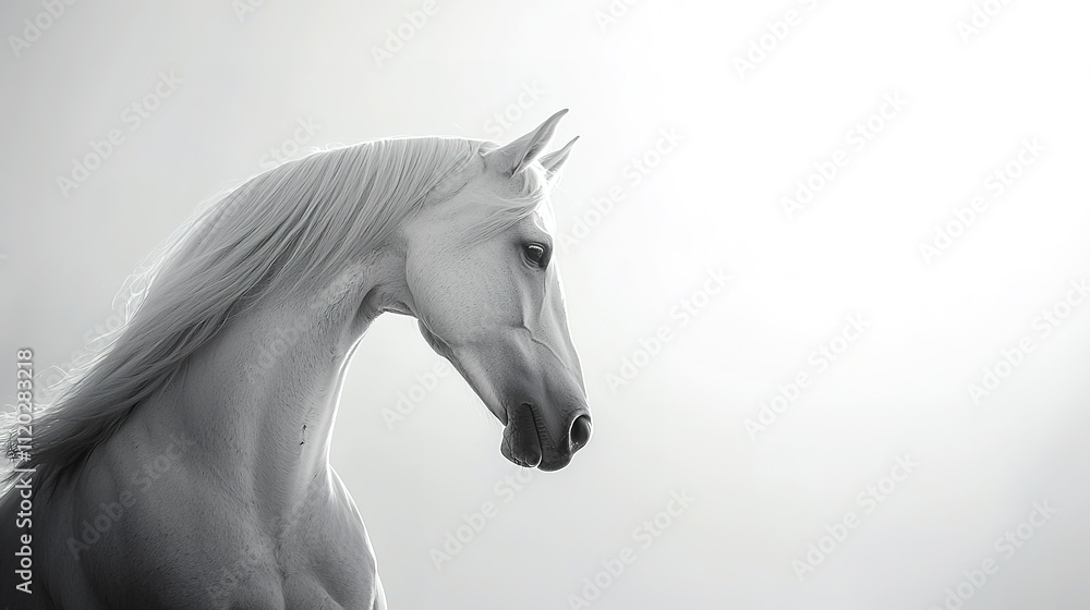Fototapeta premium A majestic white horse's profile is elegantly captured against a soft, light background, highlighting its grace and beauty.