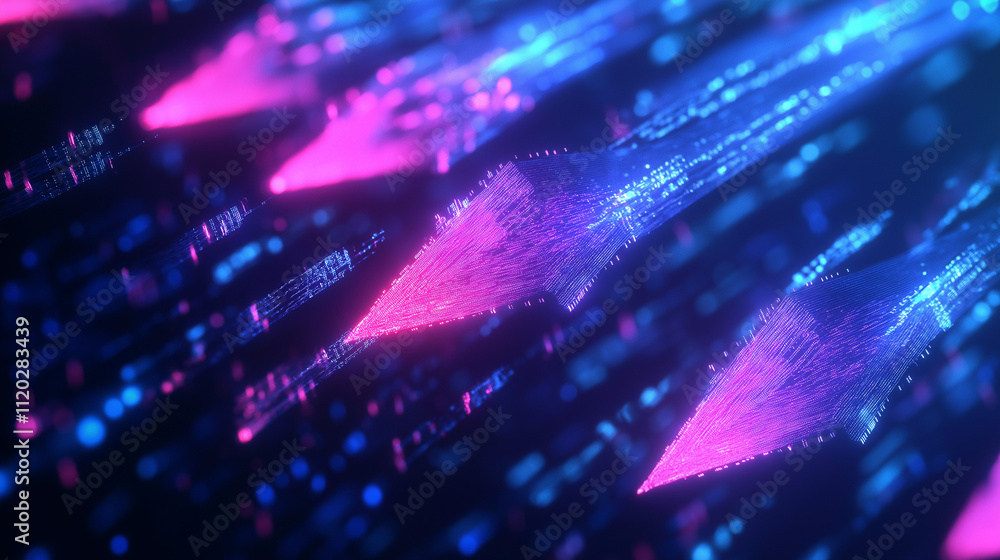 Abstract background with neon glowing arrows on a dark blue and pink background, vector illustration design for a banner, poster, or presentation Abstract background with neon glowing arrows on a dark blue and pink background, vector illustration design for a banner, poster, or presentation