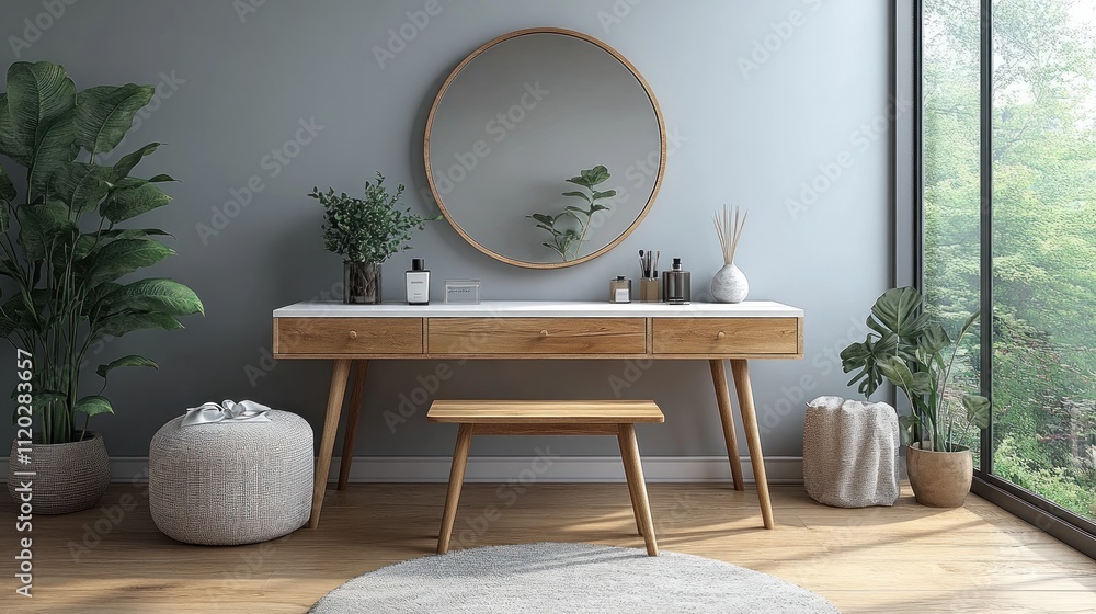 Modern minimalist vanity set with wooden dressing table, round mirror, plants, and stool in a bright room. Modern minimalist vanity set with wooden dressing table, round mirror, plants, and stool in a bright room.