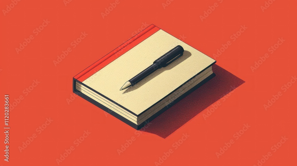 Book and pen on red background; isometric view. Book and pen on red background; isometric view.