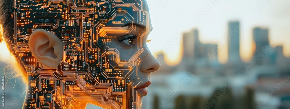 3D rendering of AI humanoid head circuit board, showcasing artificial intelligence, digital technology, human brain fusion, and the potential and risks of AI in the future. 3D rendering of AI humanoid head circuit board, showcasing artificial intelligence, digital technology, human brain fusion, and the potential and risks of AI in the future.