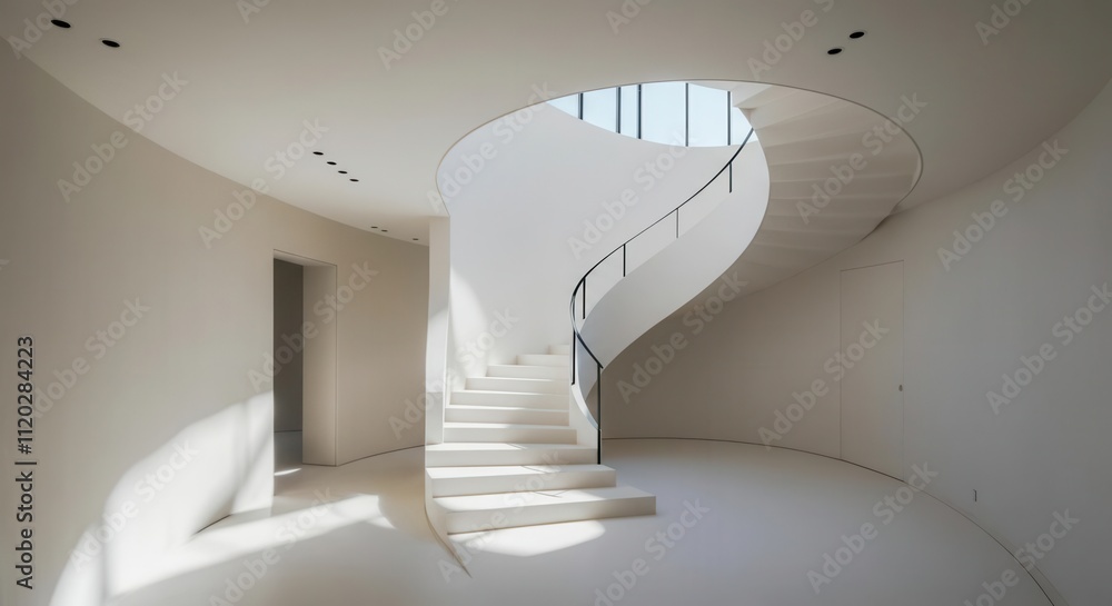 Modern white spiral staircase in minimalist interior Modern white spiral staircase in minimalist interior