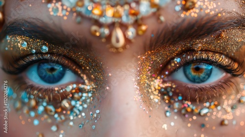 Close-Up of Blue Eyes with Sparkling Gold and Glitter Makeup