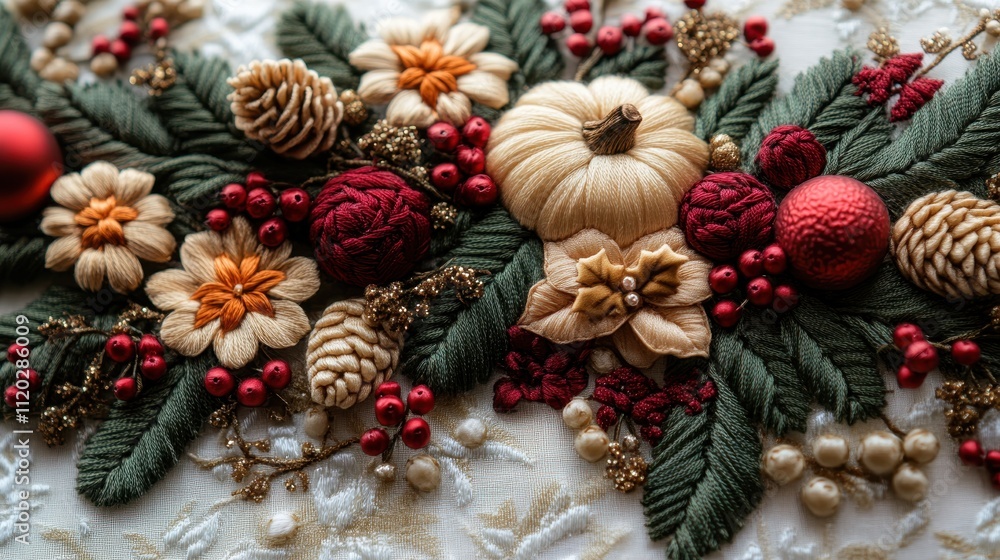 3D embroidery design featuring intricate Christmas-themed elements, vibrant textures 3D embroidery design featuring intricate Christmas-themed elements, vibrant textures