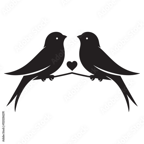 Pair of lovebirds on a wire silhouette vector art black color design and solid white background