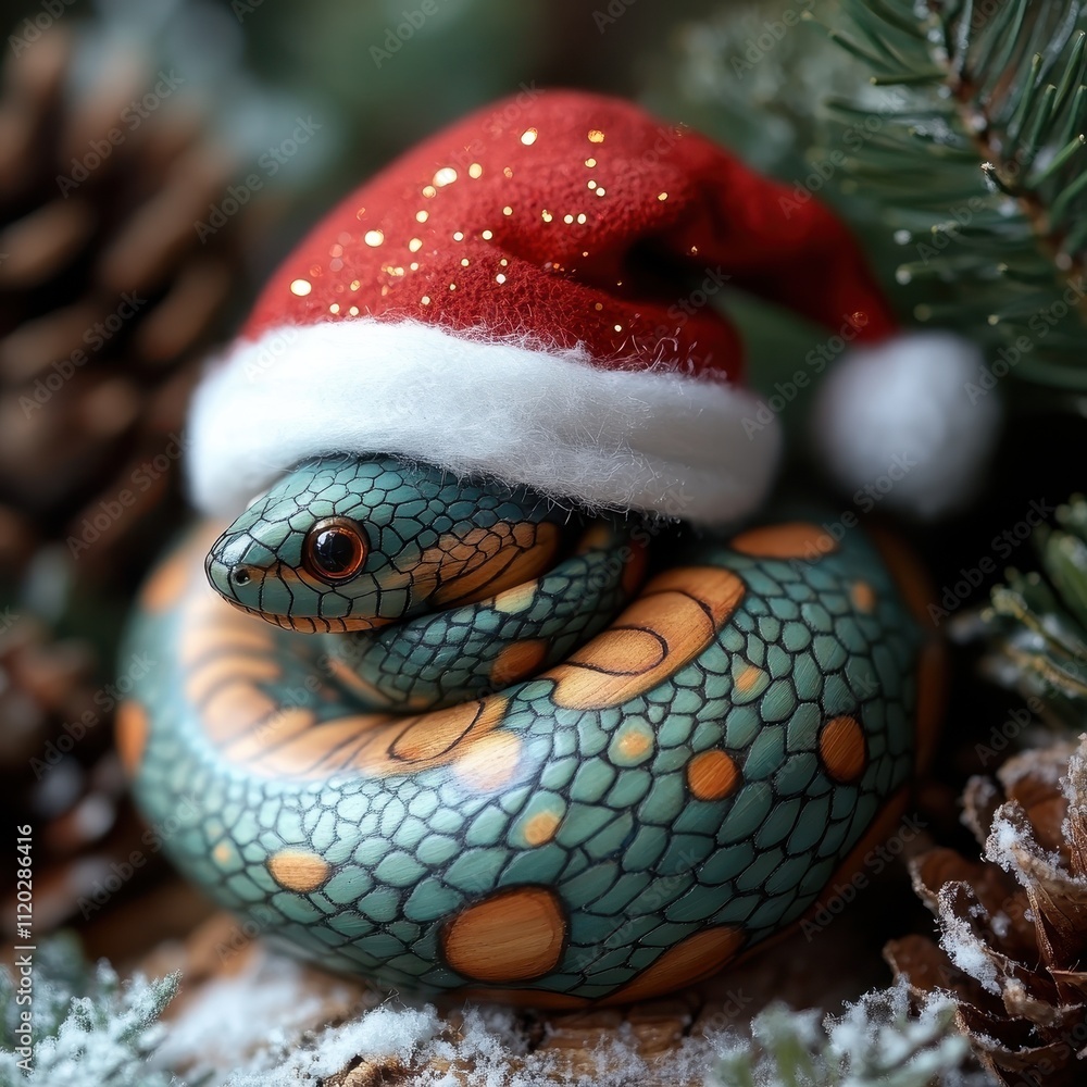 A green wooden snake with Santa Claus hat, creating a unique and festive decoration perfect for Christmas and holiday creativity A green wooden snake with Santa Claus hat, creating a unique and festive decoration perfect for Christmas and holiday creativity