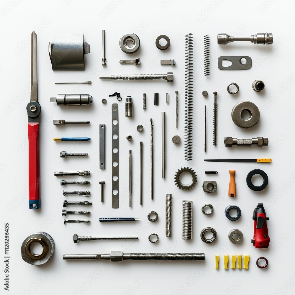 Fototapeta premium Organized metal parts and tools on white.