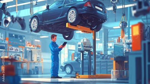 Automotive Engineer Testing Vehicle: An automotive engineer, wearing a blue jumpsuit and holding a digital tablet, inspects the underside of a car lifted on a hydraulic platform. photo