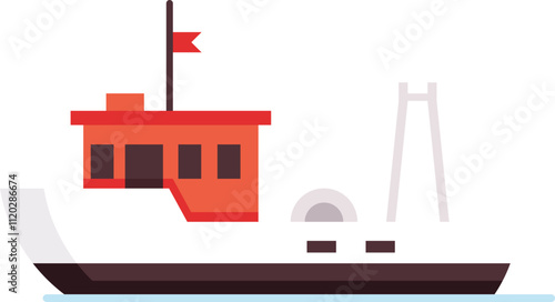 Fishing boat with red cabin, white hull, and a small red flag floating on light blue water, featuring a fishing mast and equipment, representing commercial fishing or recreational activities