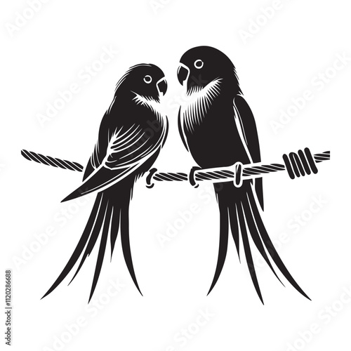 Pair of lovebirds on a wire silhouette vector art black color design and solid white background
