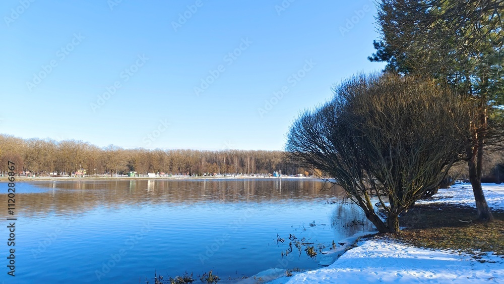 In winter everything is covered with snow and the river is partially covered with ice. There are reeds in the water. A willow tree grows on the bank and on the opposite bank there is a beach and park In winter everything is covered with snow and the river is partially covered with ice. There are reeds in the water. A willow tree grows on the bank and on the opposite bank there is a beach and park