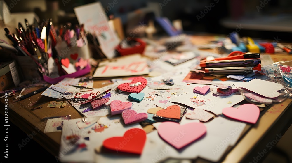 Messy Crafts Table With Handmade Valentine Hearts Messy Crafts Table With Handmade Valentine Hearts