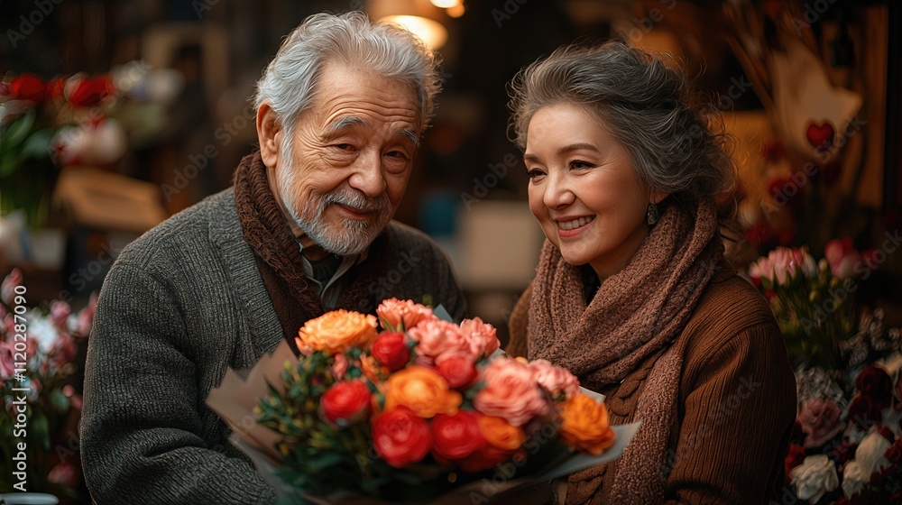 Elderly couple smiling with bouquet of vibrant flowers in cozy setting Elderly couple smiling with bouquet of vibrant flowers in cozy setting
