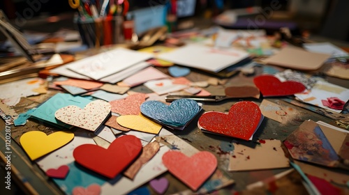 Colorful Handmade Hearts Scattered On A Messy Workspace