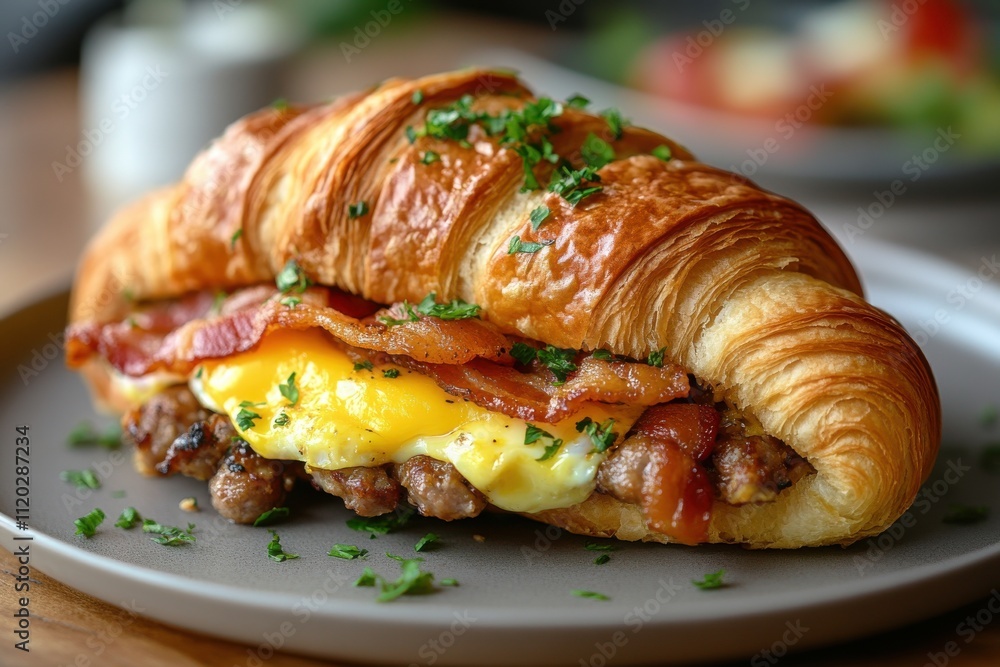Savoring a cozy breakfast croissant with bacon and eggs indoor setting food photography close-up view gastronomic delight Savoring a cozy breakfast croissant with bacon and eggs indoor setting food photography close-up view gastronomic delight