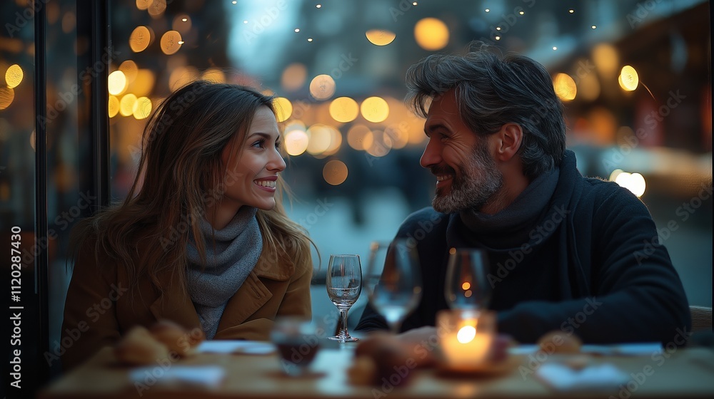 Romantic candlelit dinner date with happy couple at cozy cafe Romantic candlelit dinner date with happy couple at cozy cafe