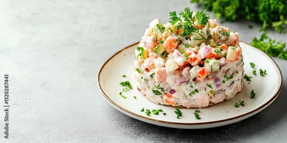 A neatly plated serving of Olivier salad with diced vegetables, creamy dressing, and fresh parsley garnish on a rustic plate A neatly plated serving of Olivier salad with diced vegetables, creamy dressing, and fresh parsley garnish on a rustic plate