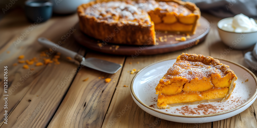 Creative food concept. Slice of tradition Sweet Potato pumpkin pie tart pastry with serving knife on rustic wooden warm background. copy text space Creative food concept. Slice of tradition Sweet Potato pumpkin pie tart pastry with serving knife on rustic wooden warm background. copy text space