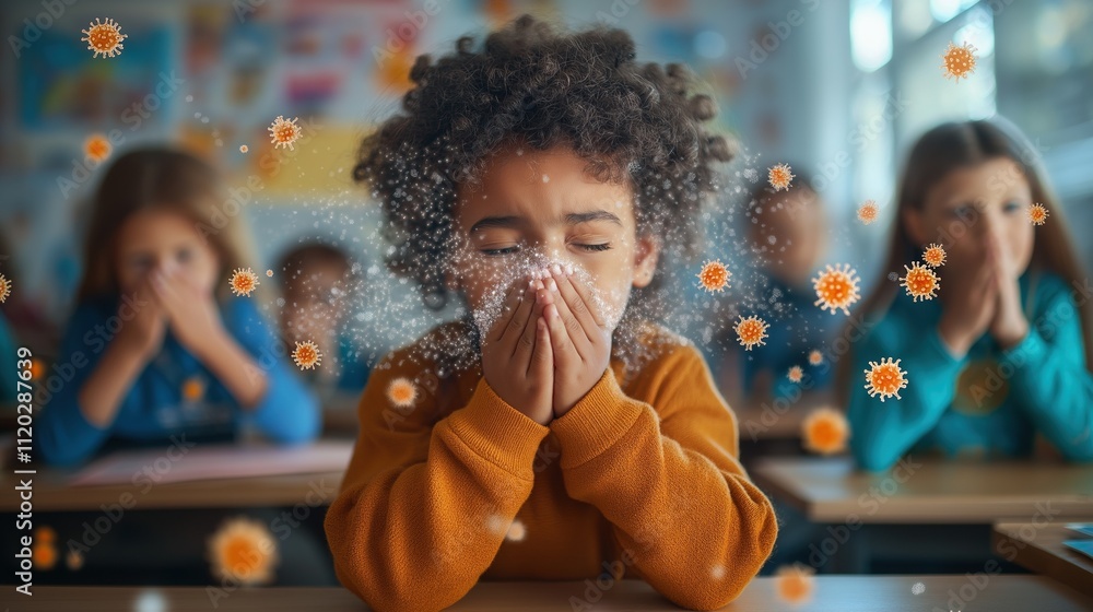 Child sneezing in classroom surrounded by floating particles illustrating germ spread Child sneezing in classroom surrounded by floating particles illustrating germ spread