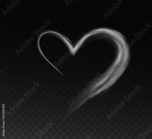 Heart shaped smoke effect, sign of love, smoke hearts, love. White waves of smoke from hot drink, coffee, cigarettes, tea or food. Mockup of fog with swirls.