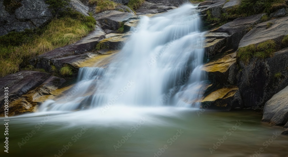 Fototapeta premium Serene waterfall cascade in lush mountain landscape