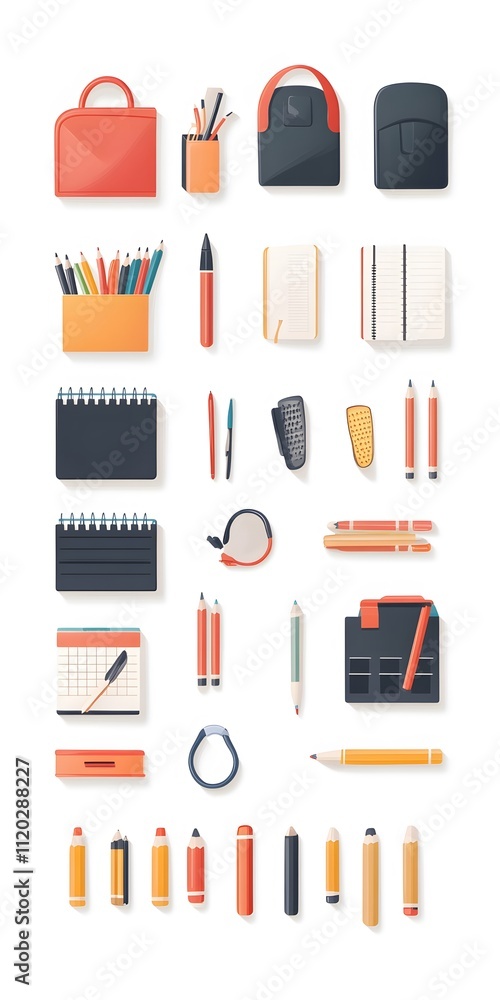 Theme: Study, Teaching, Education, School, Icon Set, Shapes, Objects, Colorful, on White Background, Abstract Image, Texture, Pattern Background, Wallpaper, Cover and Screen of Smartphone, PC, Laptop,