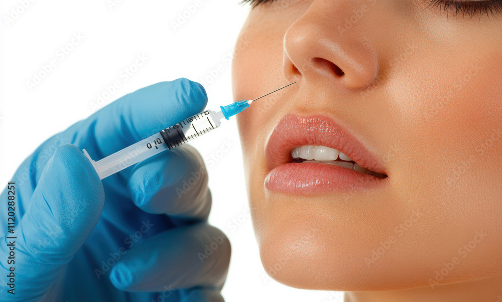 Close-up of a cosmetic procedure focusing on lip enhancement with syringe Close-up of a cosmetic procedure focusing on lip enhancement with syringe