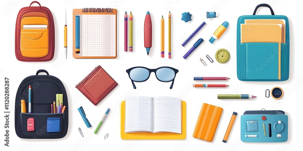 Theme: Study, Teaching, Education, School, Icon Set, Shapes, Objects, Colorful, on White Background, Abstract Image, Texture, Pattern Background, Wallpaper, Cover and Screen of Smartphone, PC, Laptop,