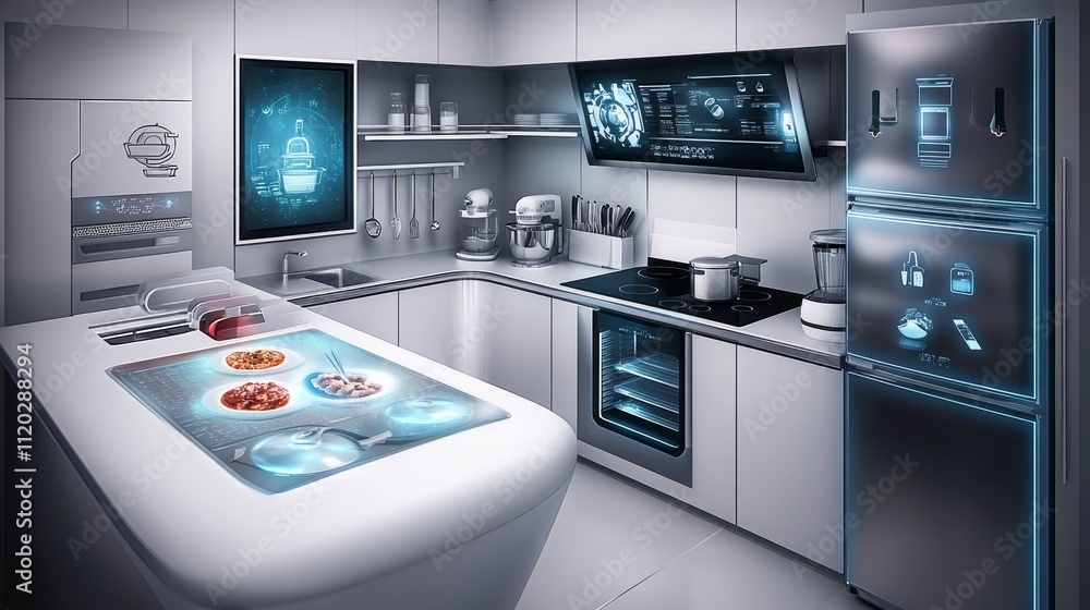Futuristic smart kitchen with AI technology, holographic displays, and smart appliances, emphasizing innovation, home automation, and modern cooking. Futuristic smart kitchen with AI technology, holographic displays, and smart appliances, emphasizing innovation, home automation, and modern cooking.