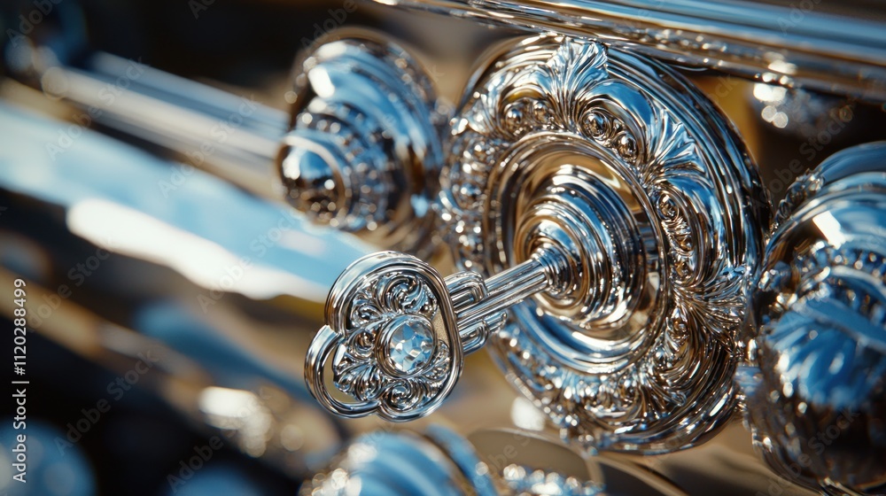 Ornate Silver Key and Mechanism: A Close-Up of Intricate Detail Ornate Silver Key and Mechanism: A Close-Up of Intricate Detail