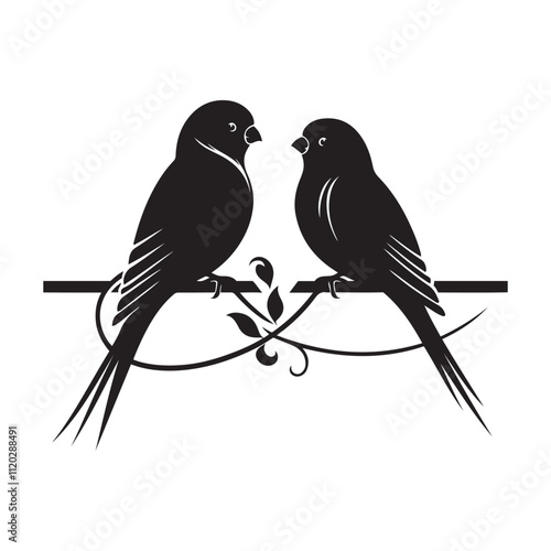 Pair of lovebirds on a wire silhouette vector art black color design and solid white background