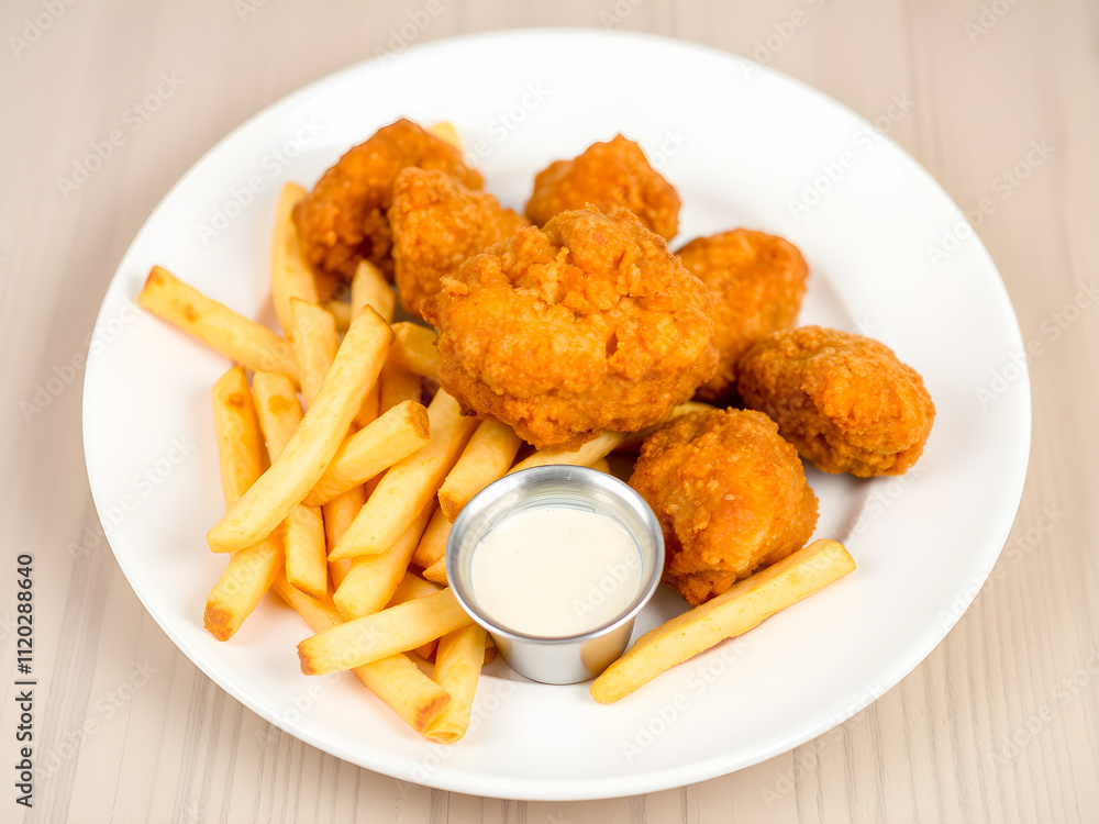 Fried chicken nuggets with french fries and sauce on white plate Fried chicken nuggets with french fries and sauce on white plate