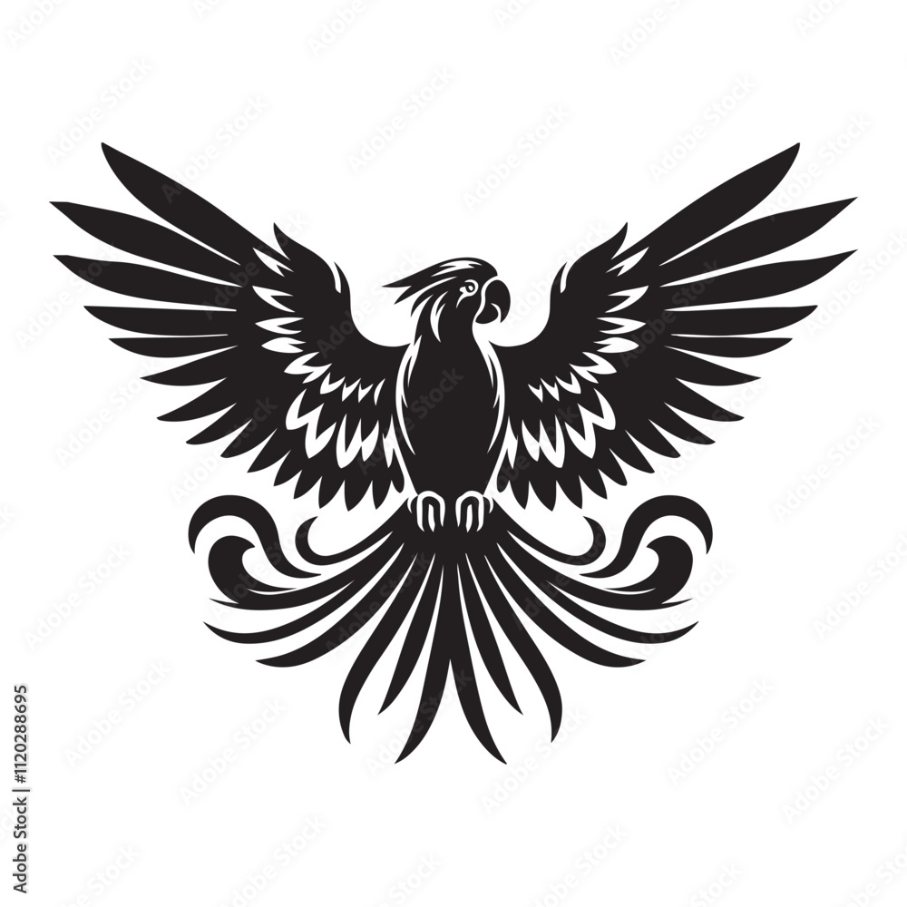 Parrot with spread wings silhouette vector art black color design and solid white background Parrot with spread wings silhouette vector art black color design and solid white background