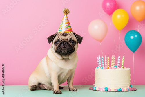 pug wearing birthday hat in front of a birthday cake in plain color background photo