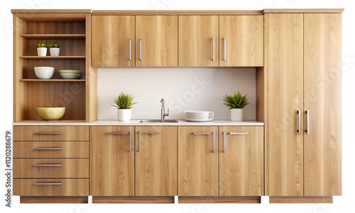 Modern kitchen cabinets isolated on a transparent background, Home furniture, PNG File