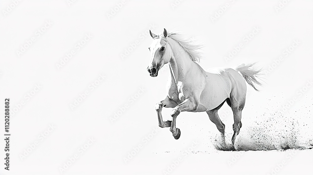 A majestic white horse gallops through a plain, kicking up dust, embodying grace and strength in a striking black-and-white setting. A majestic white horse gallops through a plain, kicking up dust, embodying grace and strength in a striking black-and-white setting.