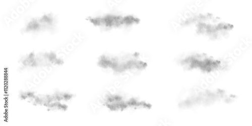 Set Transparent fog or smoke, PNG white smog cloud effect, isolated transparent special effect. Vector illustration, fog, vapour, magic haze.	