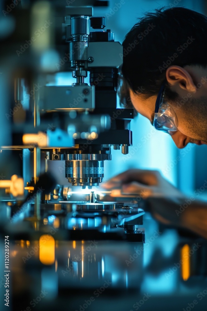 Person using a high-powered microscope, precision work. Person using a high-powered microscope, precision work.