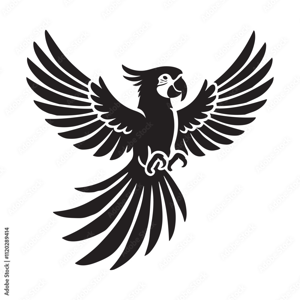Parrot with spread wings silhouette vector art black color design and solid white background Parrot with spread wings silhouette vector art black color design and solid white background