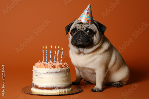 pug wearing birthday hat in front of a birthday cake in plain color background photo