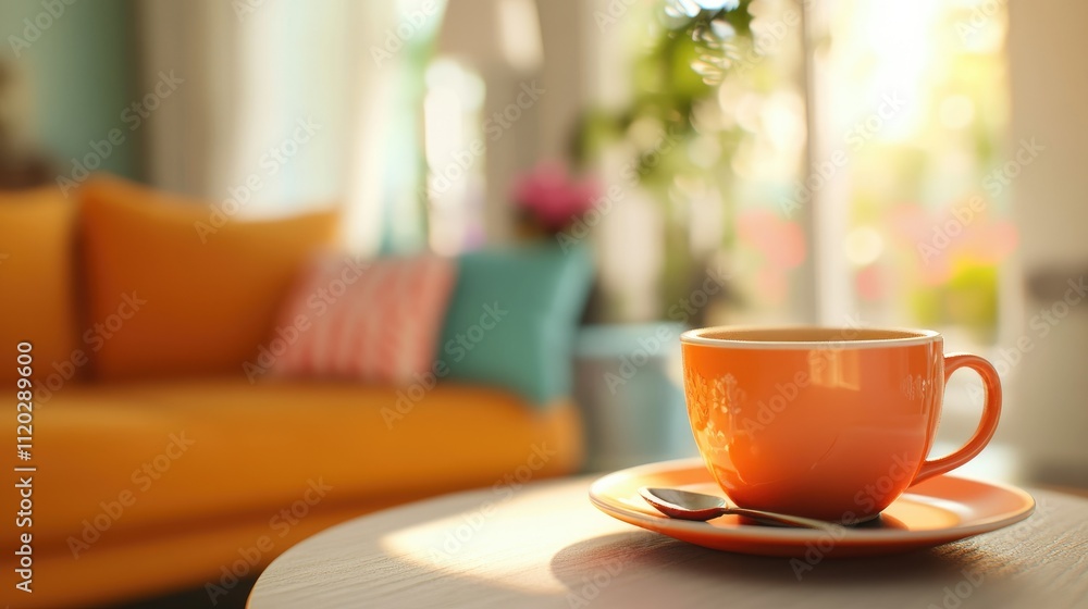 A warm cup of coffee sits on a table in a cozy, sunlit living room. A warm cup of coffee sits on a table in a cozy, sunlit living room.