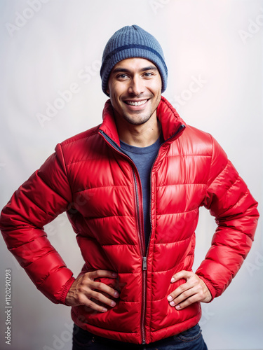 portrait of a man against white background in red jacket