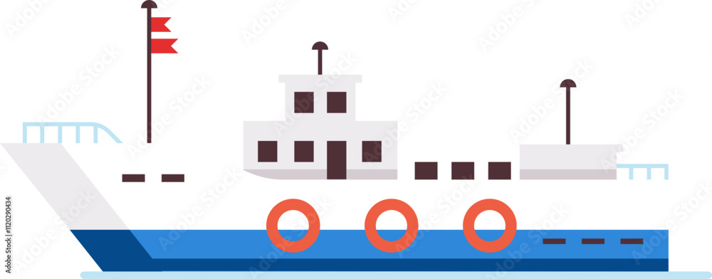 Fishing boat sailing across the sea, adorned with vibrant red flags and lifebuoys, showcasing a superstructure featuring large windows, all in a minimalist flat design style Fishing boat sailing across the sea, adorned with vibrant red flags and lifebuoys, showcasing a superstructure featuring large windows, all in a minimalist flat design style